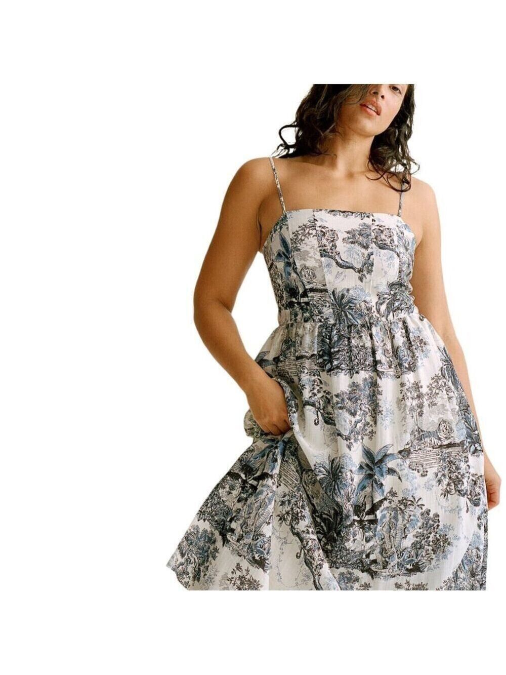 H&M NWT Cream Blue Black Animal Print Smocked Back Midi Dress Size XXL